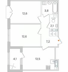 МЖК «Дубровский», планировка 2-комнатной квартиры, 53.85 м²