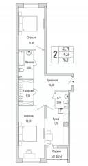 ЖК «Riga Hills», планировка 2-комнатной квартиры, 76.01 м²