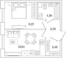 ЖК «Кинопарк», планировка 1-комнатной квартиры, 34.30 м²