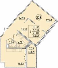 МЖК «Образцовый квартал 15», планировка 2-комнатной квартиры, 67.39 м²