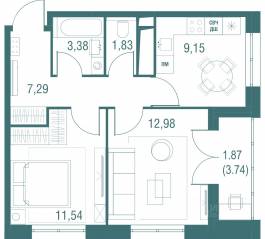ЖК «Одинбург», планировка 2-комнатной квартиры, 48.04 м²