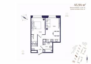 ЖК «Ranta Residence», планировка 1-комнатной квартиры, 45.94 м²