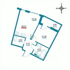 ЖК «Левитан», планировка 1-комнатной квартиры, 40.25 м²