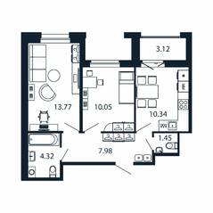 ЖК «Полис Новоселье», планировка 2-комнатной квартиры, 49.47 м²