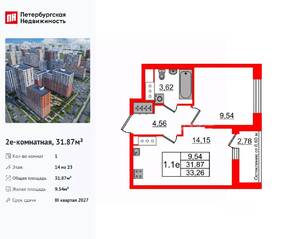 ЖК «Город звезд», планировка 1-комнатной квартиры, 31.87 м²