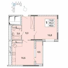 ЖК «Центр-2», планировка 1-комнатной квартиры, 48.60 м²