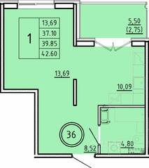 МЖК «Образцовый квартал 16», планировка 1-комнатной квартиры, 37.10 м²