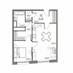 Апарт-комплекс «Residence 15», планировка 2-комнатной квартиры, 54.38 м²