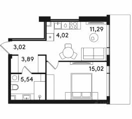 ЖК «Solos», планировка 1-комнатной квартиры, 42.78 м²