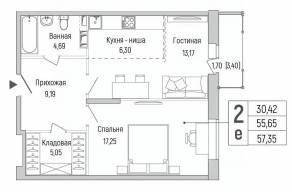 ЖК «Riga Hills», планировка 2-комнатной квартиры, 57.35 м²