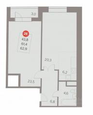 ЖК «Отлично», планировка 2-комнатной квартиры, 62.90 м²