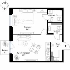 МЖК «Экография», планировка 1-комнатной квартиры, 41.60 м²