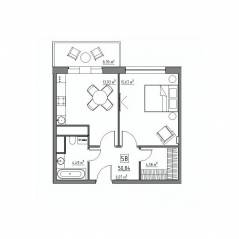 Апарт-комплекс «Residence 15», планировка 2-комнатной квартиры, 50.84 м²