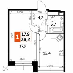 МФК «Датский квартал», планировка 1-комнатной квартиры, 38.20 м²