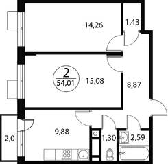 ЖК «Катуар», планировка 2-комнатной квартиры, 54.99 м²