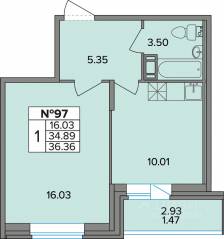 ЖК «Смарт», планировка 1-комнатной квартиры, 36.36 м²
