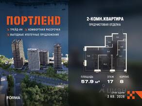 ЖК «ПОРТЛЕНД», планировка 2-комнатной квартиры, 57.90 м²