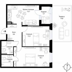 МЖК «Экография», планировка 2-комнатной квартиры, 61.80 м²