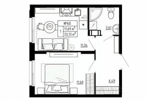 МЖК «Аннино Сити», планировка 1-комнатной квартиры, 33.13 м²