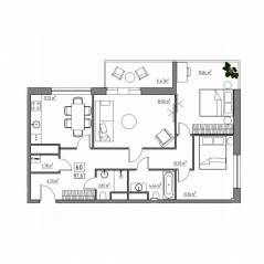 Апарт-комплекс «Residence 15», планировка 3-комнатной квартиры, 87.67 м²