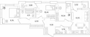 ЖК «Гранат», планировка 3-комнатной квартиры, 75.97 м²