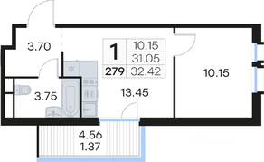ЖК «GloraX Парголово», планировка 1-комнатной квартиры, 32.80 м²