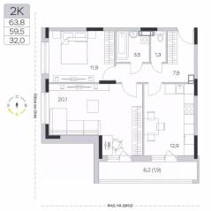 ЖК «Пироговская Ривьера», планировка 2-комнатной квартиры, 59.30 м²
