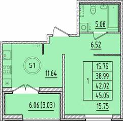 МЖК «Образцовый квартал 17», планировка 1-комнатной квартиры, 38.99 м²