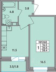 ЖК «Удача», планировка 1-комнатной квартиры, 38.40 м²