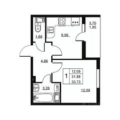 ЖК «Высота» (Бугры), планировка 1-комнатной квартиры, 33.73 м²
