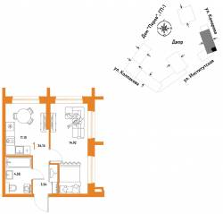 ЖК «Страна.Парковая», планировка 1-комнатной квартиры, 34.14 м²