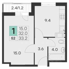 ЖК «Олимп» (Хотьково), планировка 1-комнатной квартиры, 33.20 м²