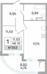 ЖК «Дом-Мегалит в Королёве», планировка 1-комнатной квартиры, 46.00 м²