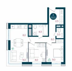 ЖК «Русич Кантемировский», планировка 1-комнатной квартиры, 50.00 м²
