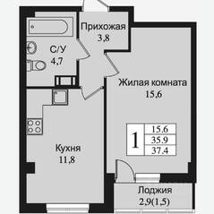ЖК «Южная заря», планировка 1-комнатной квартиры, 38.80 м²
