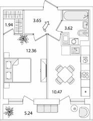 ЖК «Кинопарк», планировка 1-комнатной квартиры, 34.66 м²