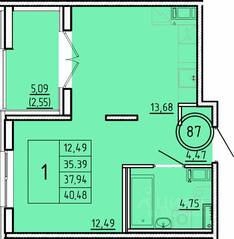 МЖК «Образцовый квартал 16», планировка 1-комнатной квартиры, 35.39 м²