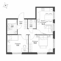 ЖК «Клюква.Парк», планировка 2-комнатной квартиры, 53.70 м²