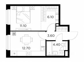 ЖК «Квартал Белый Град», планировка 1-комнатной квартиры, 37.90 м²