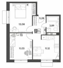 ЖК Арт-квартал «Публицист», планировка 2-комнатной квартиры, 44.40 м²