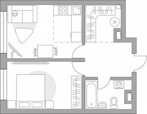 ЖК «Тринити-3», планировка 2-комнатной квартиры, 43.49 м²