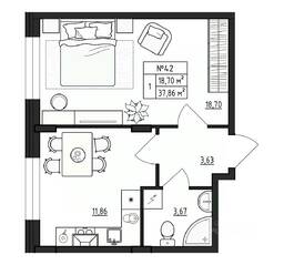 МЖК «Верево-Сити», планировка 1-комнатной квартиры, 37.86 м²