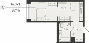 ЖК «Bashni Element», планировка студии, 36.71 м²