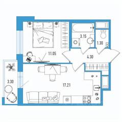 ЖК «Искра Сити», планировка 1-комнатной квартиры, 38.00 м²