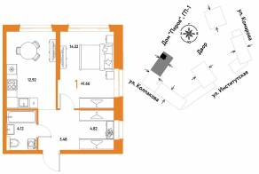 ЖК «Страна.Парковая», планировка 1-комнатной квартиры, 41.66 м²