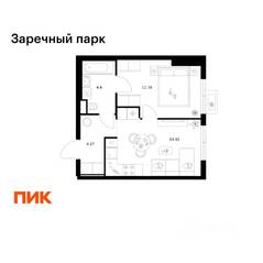 ЖК «Заречный парк», планировка 1-комнатной квартиры, 34.97 м²