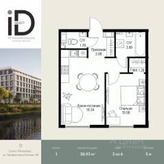 ЖК «ID Petrogradskaya», планировка 1-комнатной квартиры, 38.93 м²