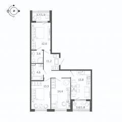 МЖК «Пулковский дом», планировка 3-комнатной квартиры, 77.40 м²