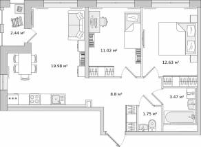 ЖК «Мурино Space», планировка 2-комнатной квартиры, 57.20 м²
