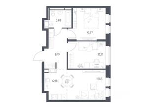 ЖК «Большое Путилково», планировка 2-комнатной квартиры, 50.87 м²